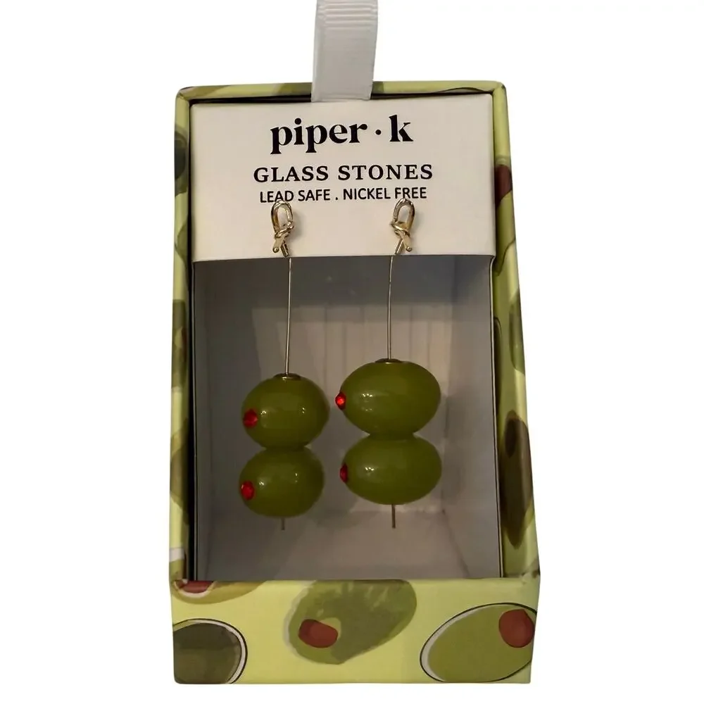 Piper K Martini Olive Bag Charm Keychain + Earrings Set Green Glitter - NWT